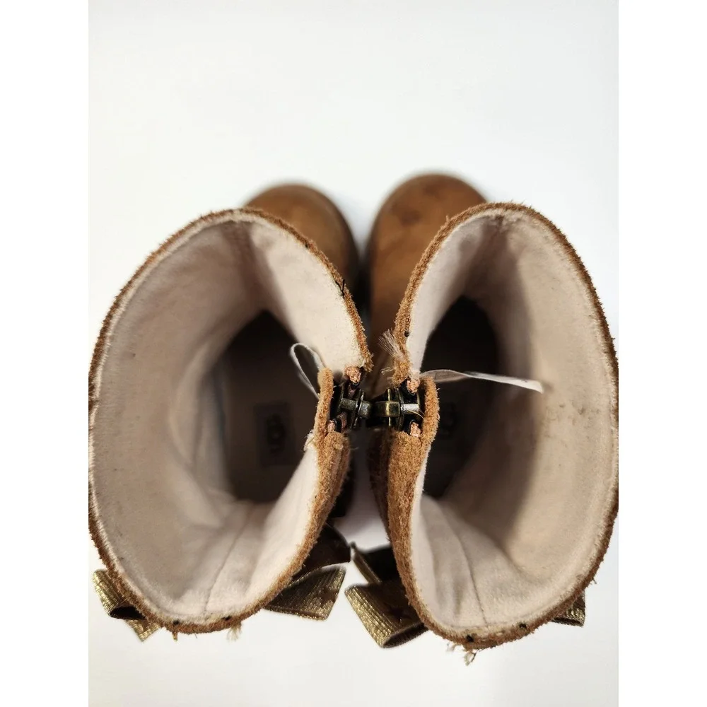 UGG Kids Suede Boots Chestnut Brown Double Gold Star Bows Side Zip Boots